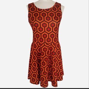 Hexagon Patterned Orange and Black Midi Dress